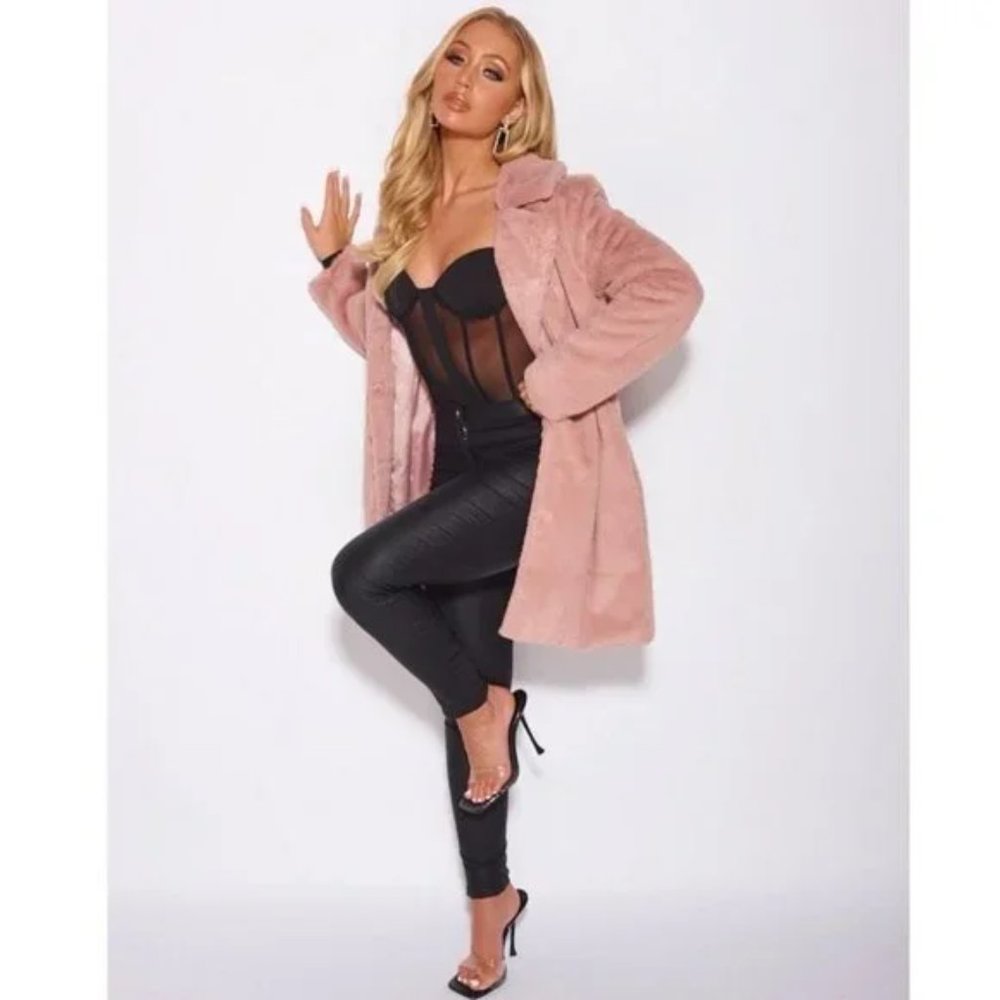 Pink Faux Fur Long Sleeve Lapel Collar Loose Fit Oversized Coat - Picture 17 of 17